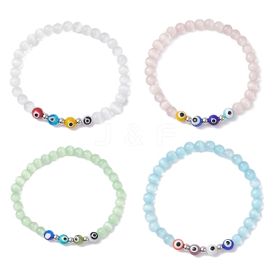 4Pcs 4 Colors Cat Eye & Handmade Evil Eye Lampwork Round Beaded Stretch Bracelets for Women BJEW-JB12289-1