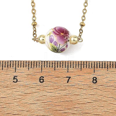 Handmade Flower Printed Porcelain Round Pendant 304 Stainless Steel Satellite Chain Necklaces for Women NJEW-JN06473-1