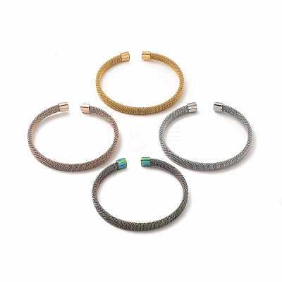 304 Stainless Steel Flat Mesh Chain Shape Open Cuff Bangle for Women BJEW-C033-09-1