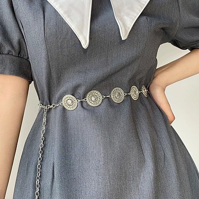 Alloy with Iron Hollow Flat Round Link Chain Waist Belly Chains for Women FS-WG0D649-02-1