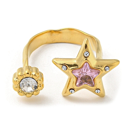 Pink Cubic Zirconia Star Open Cuff Ring RJEW-D022-01G-1