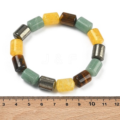 Column Natural Pyrite & Green Aventurine & Tiger Eye & Dyed Orange Quartz Beads Stretch Bracelets for Women Men BJEW-A148-01A-22-1