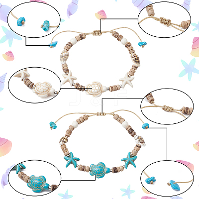 4Pcs 2 Colors Ocean Theme Starfish Turtle Synthetic Turquoise & Coconut Braided Bead Bracelet Sets BJEW-PA0001-03-1