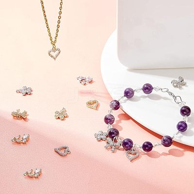 16Pcs 8 Style  Rack Plating Brass Micro Pave Cubic Zirconia Charms ZIRC-FH0001-17-1