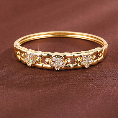 Brass Micro Pave Clear Cubic Zirconia Flower Open Hinged Cuff Bangles for Women WG289CD-01-1