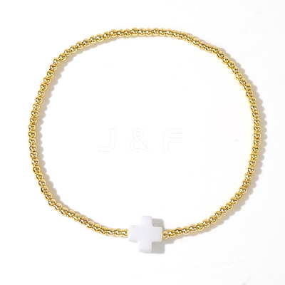 Cross Natural Gemstone & Brass Bead Stretch Bracelets for Women QE9707-3-1