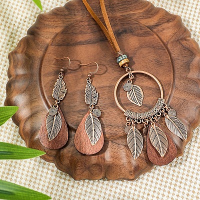 Bohemian Style Alloy & Wood & Synthetic Turquoise Pendant Necklaces & Dangle Earrings Sets WG14320-02-1