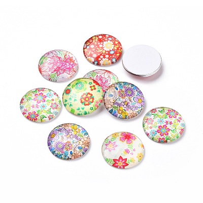 Half Round/Dome Floral Printed Glass Cabochons GGLA-A002-25mm-UU-1