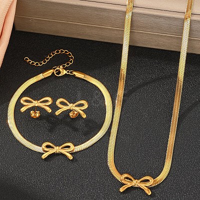 Bowknot 304 Stainless Steel Pendant Necklaces & Charms Bracelets & Stud Earrings Sets SJEW-Z003-03G-1