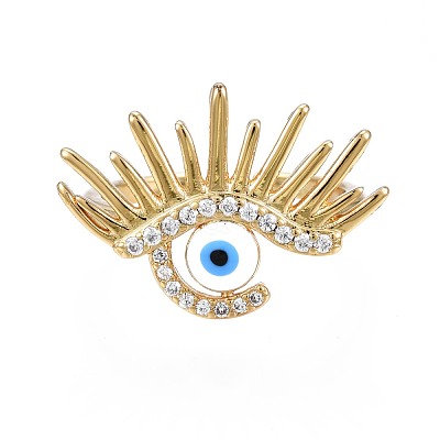 Clear Cubic Zirconia Evil Eye Wide Open Cuff Ring with Enamel for Women RJEW-N035-098C-1