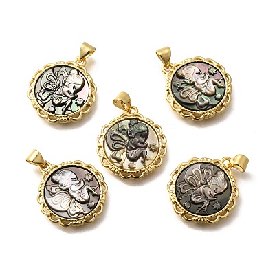 Brass with Natural Shell Carved Pendants KK-Z091-07G-01-1