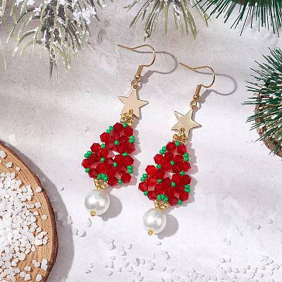Glass Seed & Glass Pearl Beads Tree Dangle Earrings EJEW-MZ00276-01-1