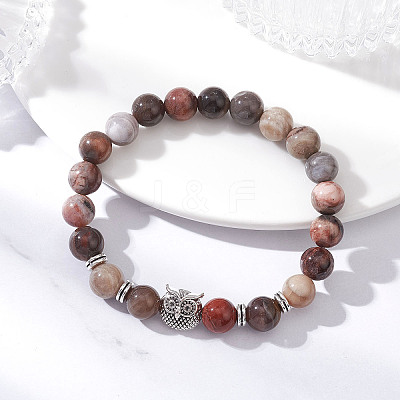 Natural Petrified Wood Round Stretch Bracelets BJEW-JB12610-02-1