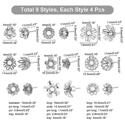 36Pcs 9 Style 304 Stainless Steel Stud Earring Settings STAS-UN0027-06-1