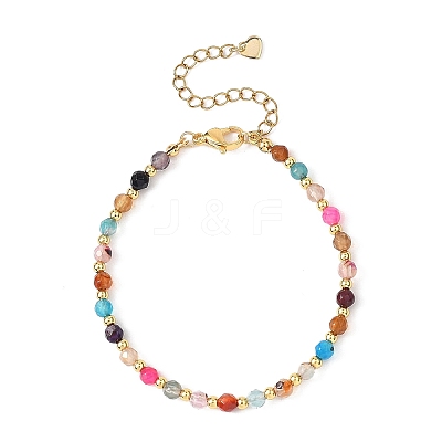 Natural Agate & Brass Round Beaded Bracelets for Women BJEW-JB12852-1