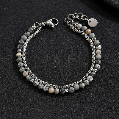 Natural Map Stone Round Beaded 2-Strand Bracelets with 201 Stainless Steel Box Chains for Men Women EI8345-5-1