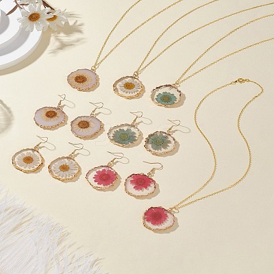 Inner Dried Flower Resin Dangle Earring & Pendant Necklaces Sets SJEW-FS00005-1