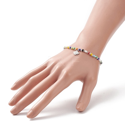 Colorful Seed Beaded Stretch Bracelet with Brass Charms for Women BJEW-JB09218-02-1