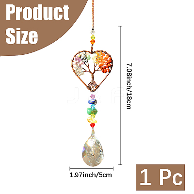1Pc Natural Mixed Stone Chip Wrapped Heart with Tree of Life Hanging Ornaments HJEW-DJ0001-15A-1