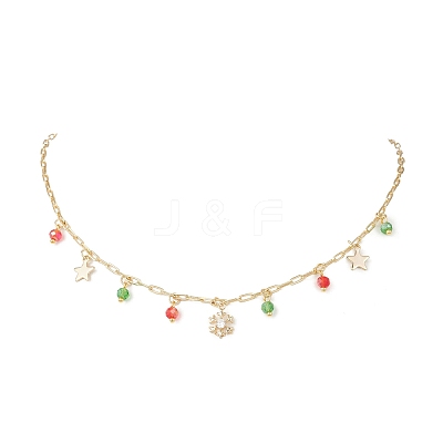 Christmas Brass Pave Clear Cubic Zirconia Snowflake & 304 Stainless Steel Star and Round Glass Tassel Brass Paperclip Chain Bib Necklaces NJEW-JN05504-1