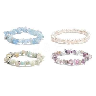 4Pcs 4 Style Natural Pearl & Mixed Gemstone Chips Beaded Stretch Bracelets Set BJEW-JB08915-1