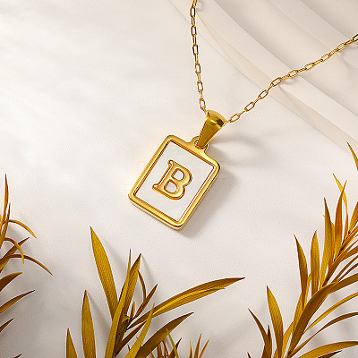 Rectangle 304 Stainless Steel Pave Natural White Shell Initial Pendant Necklaces for Women FS-WGB5EDA-02-1