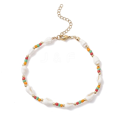 Natural Shell & Glass Seed Beads & 304 Stainless Steel Beaded Anklets for Women AJEW-TA00056-1