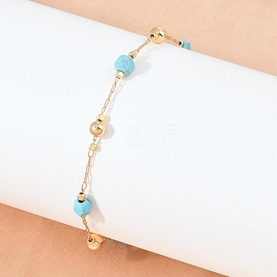 Brass & Synthetic Turquoise Link Chain Bracelets KK-H299-03G-1