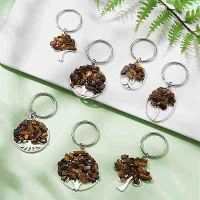 Natural Tiger Eye Chip & Alloy Tree of Life Pendant Keychain KEYC-JKC00648-07-1