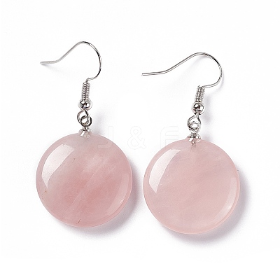 Natural Rose Quartz Flat Round Dangle Earrings EJEW-D188-03P-09-1