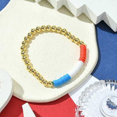 Independence Day 6mm Round Brass & Handmade Polymer Clay Beaded Stretch Bracelets for Women BJEW-JB10590-1