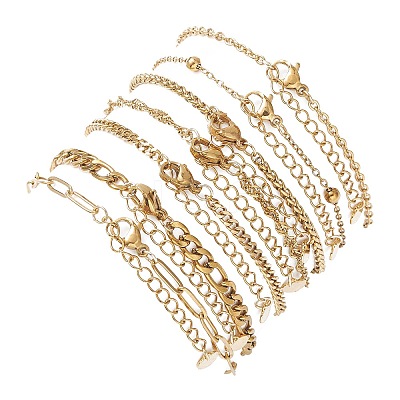 7Pcs 304 Stainless Steel Curb Chains & Water Wave Chains & Cable Chains & Figaro Chains & Wheat Chains Chain Bracelets Set for Women BJEW-JB12915-1
