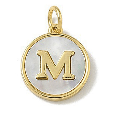 Brass Pave Natural Shell Flat Round with Letter Charms KK-Z115-13G-M-1