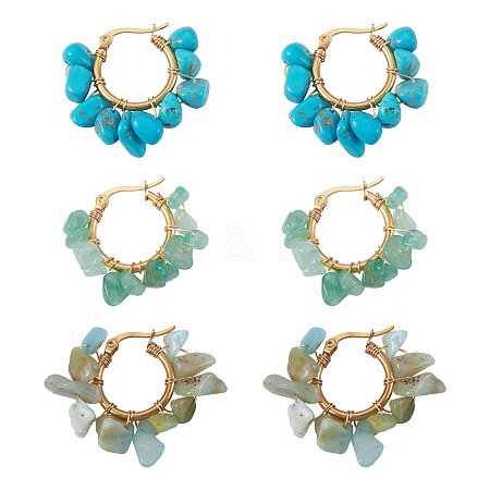 3 Pairs 3 Styles Natural Gemstone Chips Braided Hoop Earrings EJEW-TADJ00004-1