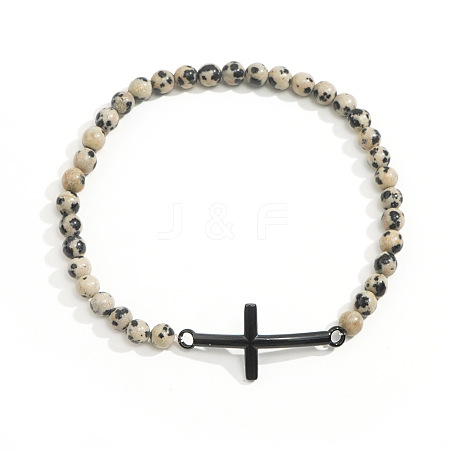 Men's Dalmatian Jasper Beaded Cross Bracelet MS7461-11-1