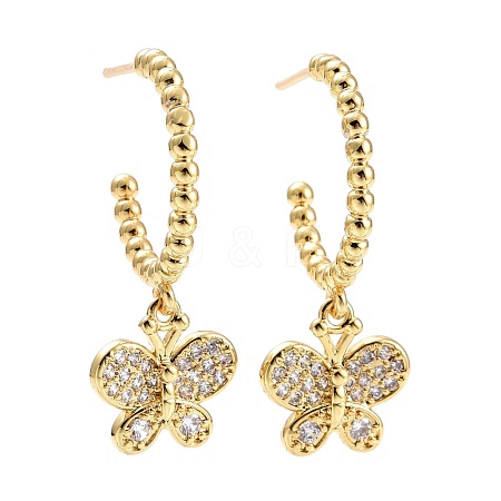 C-Shape with Butterfly Cubic Zirconia Dangle Stud Earrings EJEW-E167-11G-1