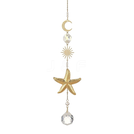 304 Stainless Steel Starfish & Round Glass Hanging Suncatchers HJEW-JM05037-1