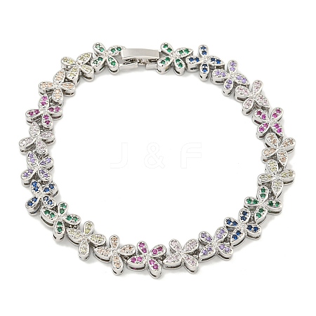 Rack Plating Brass Pave Cubic Zirconia Butterfly Link Bracelets for Women BJEW-B110-05P-01-1