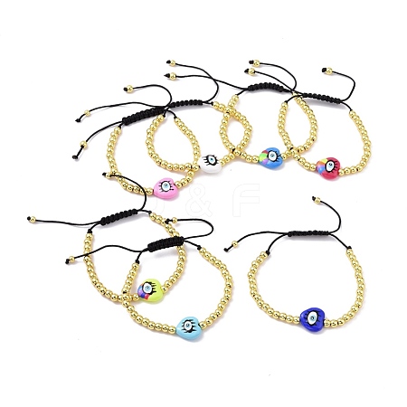 Enamel Evil Eye Heart & Brass Braided Bead Bracelet for Women KK-E033-18G-1