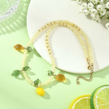 Glass Lemon with Acrylic Leaf Pendant Glass Seed Beaded Necklaces NJEW-JN06426-1
