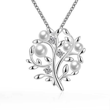 Women Silver Color Plated Brass Cubic Zirconia Tree Pendant Necklace NJEW-BB01561-1