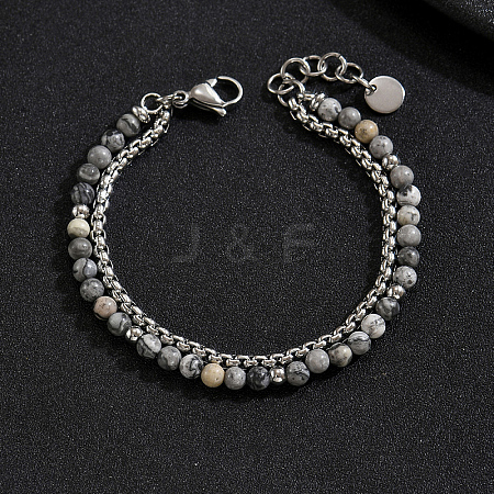 Natural Map Stone Round Beaded 2-Strand Bracelets with 201 Stainless Steel Box Chains for Men Women EI8345-5-1