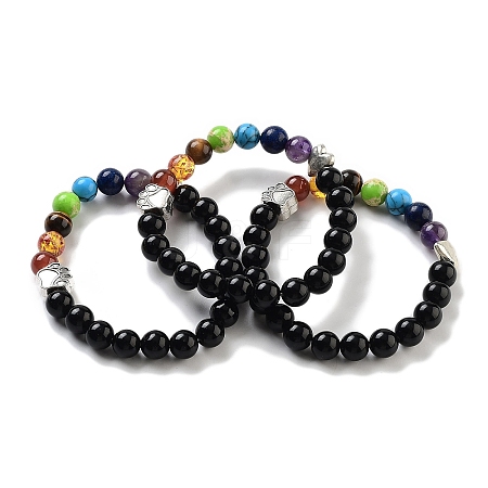 Chakra Round Natural Obsidian Beaded Stretch Bracelets BJEW-K251-05A-1