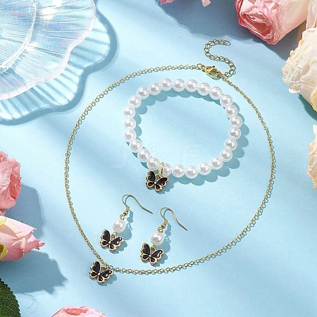 Alloy Enamel Butterfly Charm Necklaces & Dangle Earring & ABS Plastic Imitation Pearl Beads Bracelets Sets SJEW-JS01315-04-1