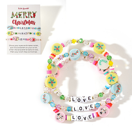 3Pcs Christmas Theme Handmade Polymer Clay & Glass Bicone Beads Stretch Bracelet Sets QY3550-10-1