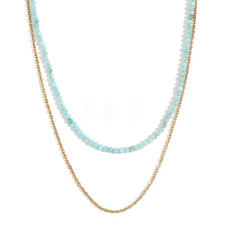 18K Gold Plated Stainless Steel & Natural Amazonite Beaded Double Layer Necklaces for Women QW1726-1-1