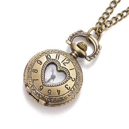Alloy Flat Round with Heart Pendant Necklace Quartz Pocket Watch WACH-N011-27-1