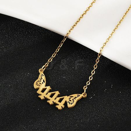 201 Stainless Steel Number 444 with Butterfly Wings Pendant Necklaces NJEW-P332-01B-G-1
