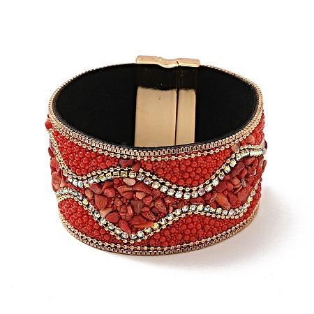 Natural Red Jasper Chips & Rhinestone & Alloy Beaded PU Leather Cord Bracelet with Magnetic Clasp BJEW-I305-01B-1