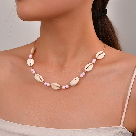 Natural Cowrie Shell & Round Acrylic Beaded Waxed Cord Braided Necklaces for Women FS-WG6249B-03-1
